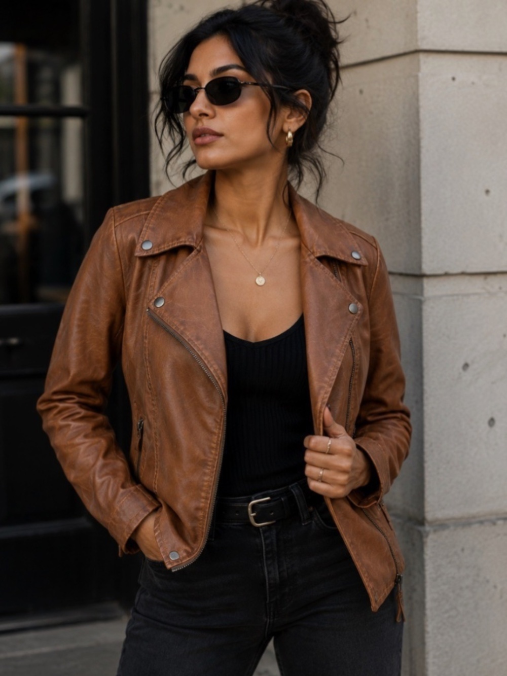 Max Studio Faux tan, light brown, leather moto jacket, size Medium